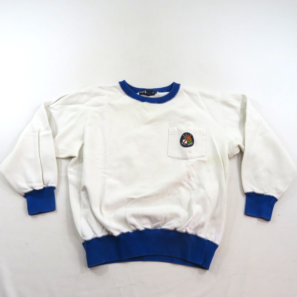 Ralph Lauren Polo Cookie Patch Pocket Sweatshirt White Blue Sz M Vintage